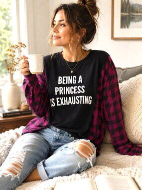 Upcycled Flannel Shirt, Oversized Princess Graphic T-Shirt Pullover Size M - L